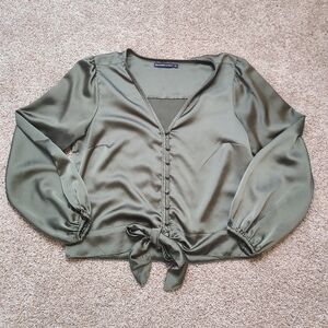 Abercrombie & Fitch Green Satin Blouse Button Down Tie